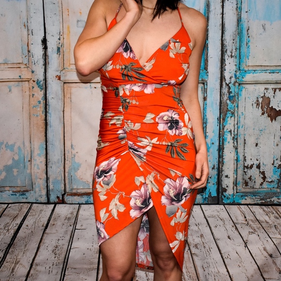 TROPICAL RUCHED WRAP MINI DRESS - Picture 2 of 6